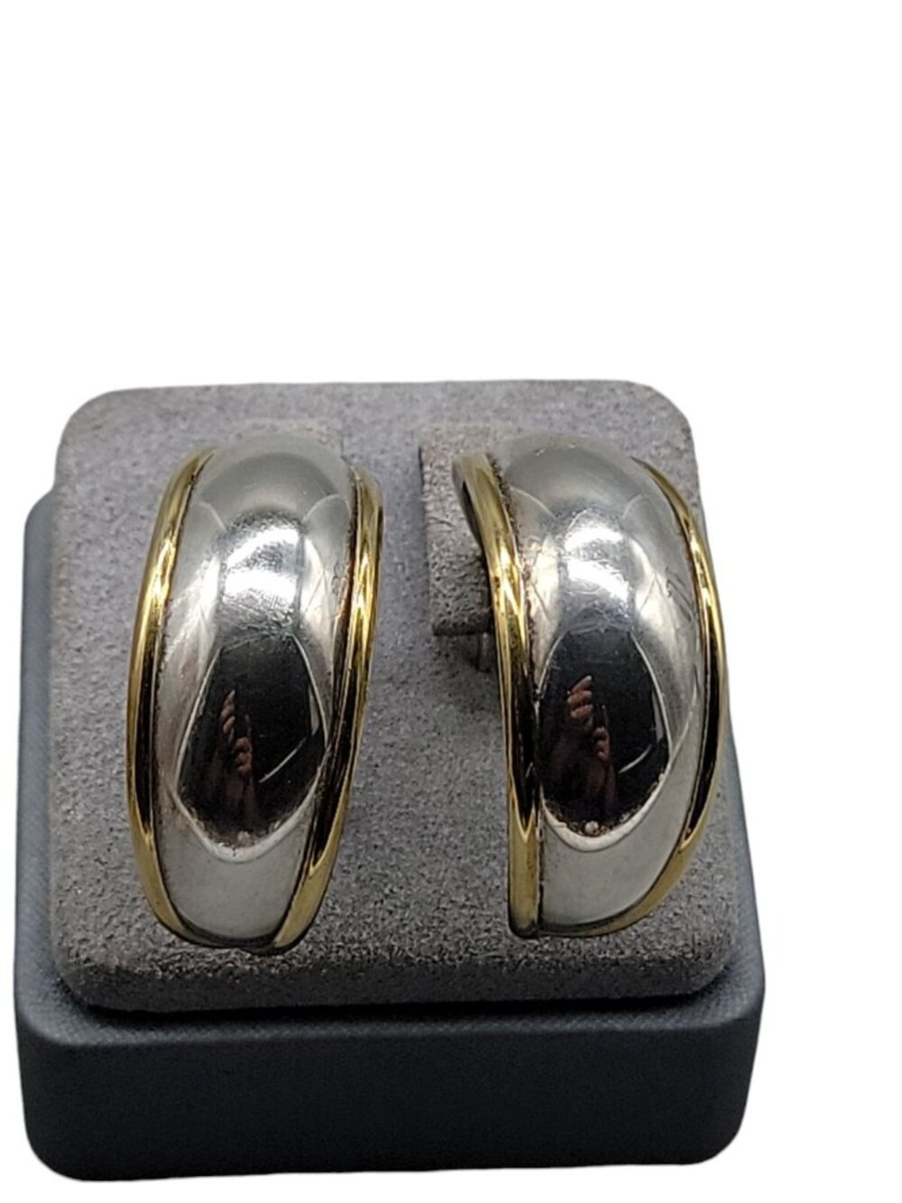 TB 107 Sterling Silver Post Earrings Chunky Half Hoop Mexico Gold Outline - Picture 10 of 16